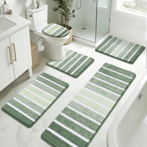 Yamaziot Sage Green 5-Piece Bathroom Rug Set with Non-Slip Backing - Light Green, 18x26, 20x32, 20x48, U-Shape & Cover