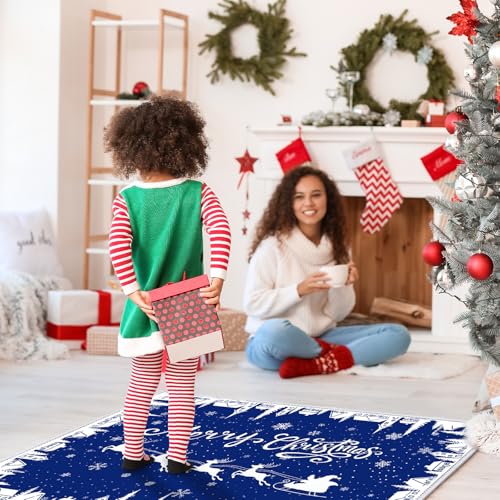 Dunzy Blue Snowflakes Christmas Door Mat 5x7 ft Non-Slip Washable