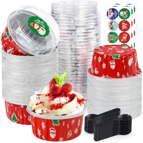 Christmas Mini Cake Pans with Lids, 60Pack 5oz Round Muffin Tins Set - Snowman & Father Christmas Theme