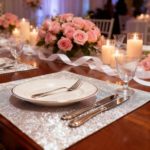 Meishu 8PCS/Set Silver Glitter Rhinestone Table Mat, 12x18 inch