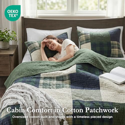 Woolrich Mill Creek Reversible Quilt Set - Oversized Green Full/Queen, All-Season Cotton Coverlet & Matching Shams