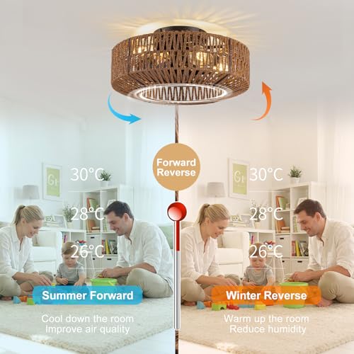 Dark Brown Rattan Ceiling Fan with Lights and Remote Control - Boho Fandelier 18 Inch