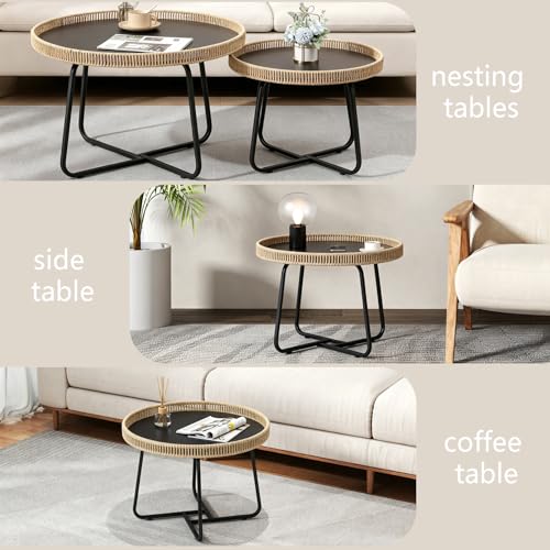 Nesting Coffee Table Set of 2 - Modern Wicker & Metal Side Tables, 27.6 & 19.7 inch