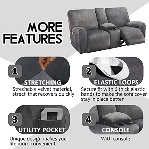 ULTICOR Dark Grey Velvet Reclining Loveseat Cover with Middle Console, 8-Piece Sofa Slipcover, Washable & Soft