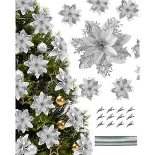 Poinsettias Artificial Christmas Flowers Decorations - 12 Pcs Artificial Silver Poinsettia Flowers for Christmas Tree,Fake Glitter Poinsettia 5.5" with Clips Stems for Home Outdoor Decor(Silver)