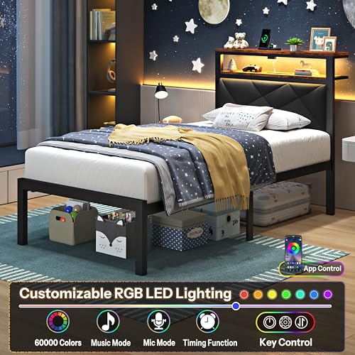 Black Twin Size Bed Frame with RGB LED Lights, 2-Tier Shelf & Charging Station