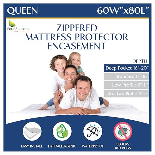 Queen Mattress Protector Waterproof Zippered Cover Deep Pocket 16-20" - Hypoallergenic Bed Encasement