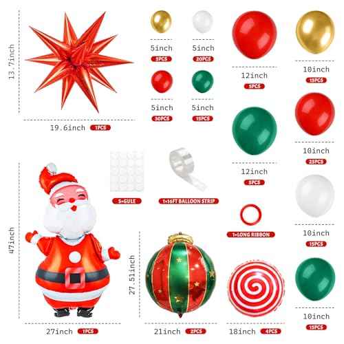 158PCS Christmas Balloon Arch Kit Xmas Party Balloons with Red Green White Golden Balloons Xmas Decoration Foil Balloons