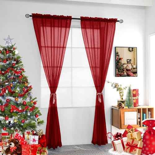youleyar Solid Sheer Rod Pocket Curtain Voile Draperies 2 Panels White Beige Black Grey Ivory 52 Inch Width 84 Inch Long 1 Pair for Kitchen Bedroom Children Living Room Yard (Christmas Red,52W£ø84L)