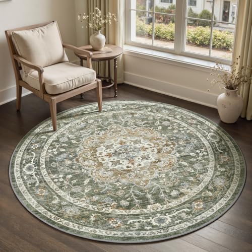 Olive Round Rug 6ft - Soft Non Slip Carpet for Living Room, Bedroom & Office - Machine Washable