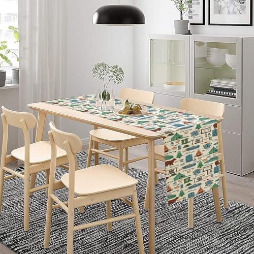 KANEPE Camping Blue Forest Animal Bear Pattern Linen Table Runner 13x36in for Indoor Outdoor Dining