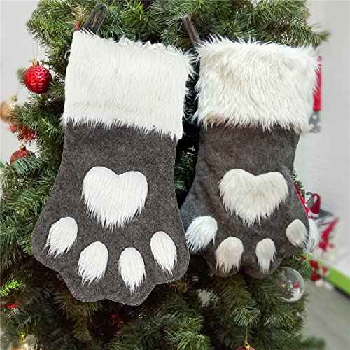 SherryDC Dog Cat Paw Christmas Stockings, Plush Hanging Socks for Holiday and Christmas Decorations (Large/18in, white-grey)