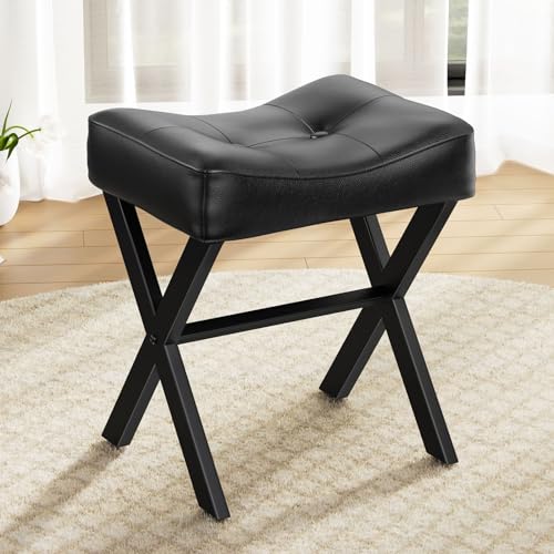 Small Black Leather Vanity Stool Chair - 18-Inch Elegant Saddle Seat