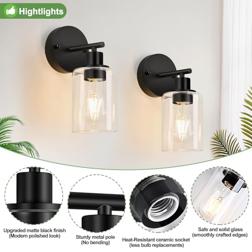 Matte Black Wall Sconces Set of 2 with Clear Glass Shades - Reversible Mounting Bathroom Vanity Lights