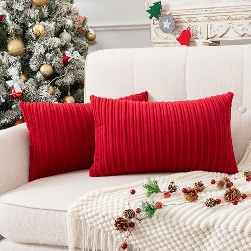 UGS UGASA Christmas Super Soft Plush Corduroy Pillow Covers Velvet Rectangular Striped Decor Cushion Cases for Livingroom/Couch, 1 Piece, 12"x20"(30x50cm), Burgundy