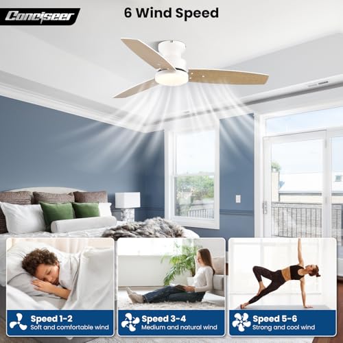 Conciseer 42 Inch Modern Ceiling Fan with Light & Remote - White/Wood Grain, Reversible DC Motor, 6 Speed, Flush Mount, Quiet for Bedroom & Living Room - Variation 1