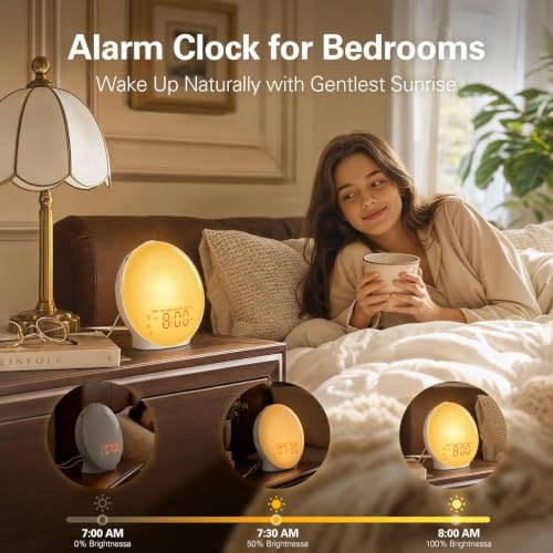 White Full-Screen Wake Up Light Sunrise Alarm Clock with 25 Sounds Bluetooth FM Radio
