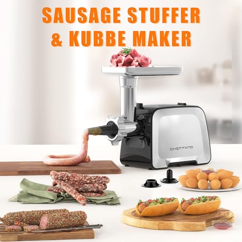 CHEFFANO Life MG090C-S Electric Meat Grinder 2000W Max Stainless Steel Sausage Stuffer & Kubbe Kit