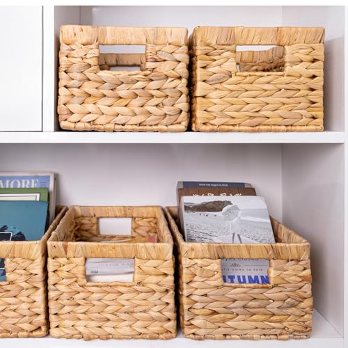 Natural Water Hyacinth Wicker Basket Set of 3 - Medium Rectangular Storage Baskets with Handles, for Shelves & Organization