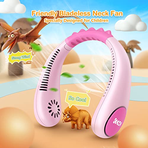 Pink Kids Neck Fan Portable Bladeless Cooling Fan for Children 4-14Y, USB Rechargeable, 4 Speeds, Lightweight Summer Gift