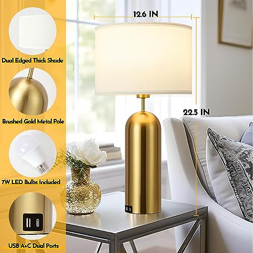 Gold Touch Control Table Lamps Set of 2 - 22 Inch Modern White & Gold Bedside Nightstand Lamps with USB-C Ports