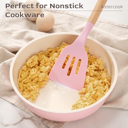 Silicone Kitchen Utensils Set 39 Pcs with Wooden Handles - Heat Resistant BPA-Free Pink
