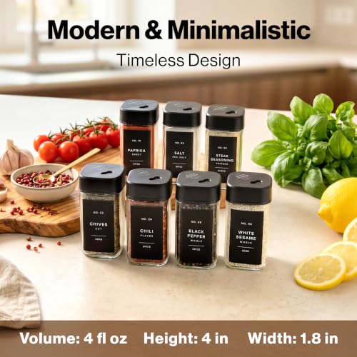 Glass Square Spice Jars with 3-Way Rotating Lids & Labels - 36 Pack, Black