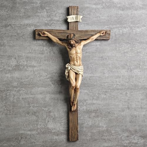 Large Catholic Wall Cross with Jesus Statue - 20.75 Inch Religious Decor, Realistic Finish