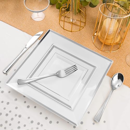 Silver Square Plastic Plates Set for 50 Guests - Elegant Disposable Dinnerware