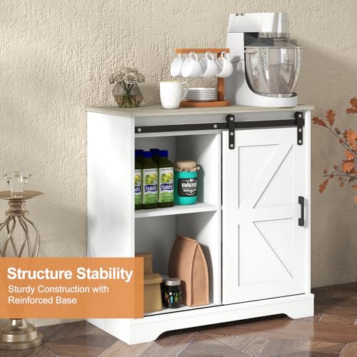 Sliding Barn Door Buffet Sideboard Storage Cabinet - White with Nature Top - Farmhouse Style