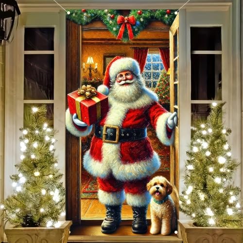 Funny Merry Christmas Door Cover Santa Claus Welcome Banner, 71 x 35 Inch Christmas Party and Home Decor for Front Door Holiday Cheer