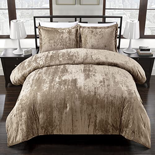 Fredsure Khaki King Comforter Set - 3 Pieces Crinkle Velvet & Microfiber, Light Fill
