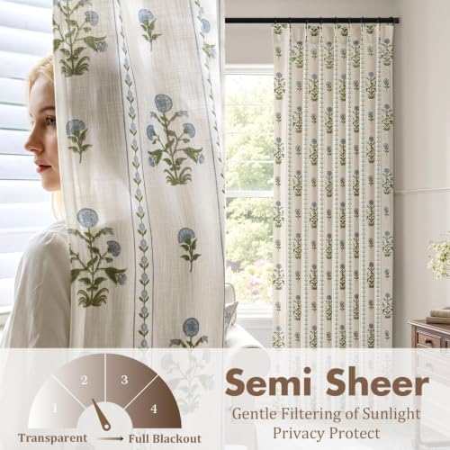 Slozzi Blue & Beige White Floral Linen Pleated Curtains - Pack of 2, 40" W x 96" L