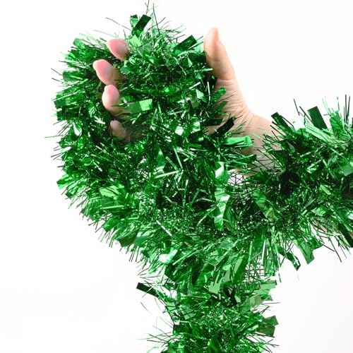 BLEUM CADE 32.8Ft Christmas Tinsel Garland, Green Tinsel Garland for Xmas Tree Decorations Holiday Birthday Wedding Party Supplies