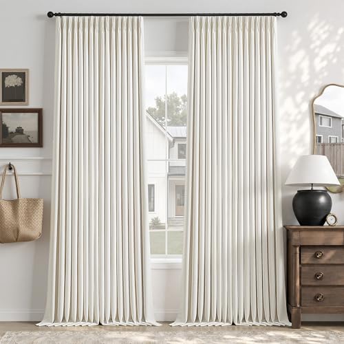 90 Inch Blackout Linen Curtains - Natural 50W x 90L Double Panel Set - Pinch Pleat, Full Privacy