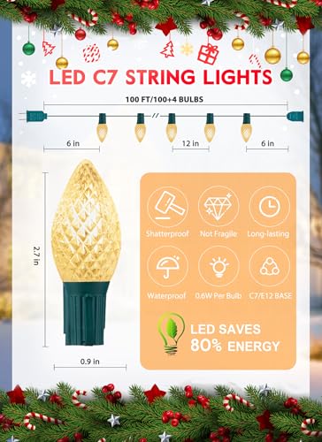 Brightown Outdoor C7 LED Christmas Lights 100ft Warm White with Spare Bulbs