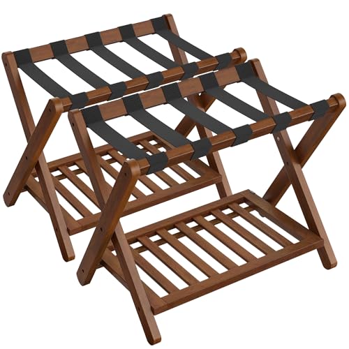 SONGMICS Solid Wood Luggage Rack 2 Pack with Storage Shelf, No Assembly, Coffee Brown