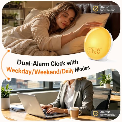 White Full-Screen Wake Up Light Sunrise Alarm Clock with 25 Sounds Bluetooth FM Radio