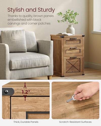 VASAGLE 3-Drawer File Cabinet & Printer Stand, Honey Brown, A4 Letter Size