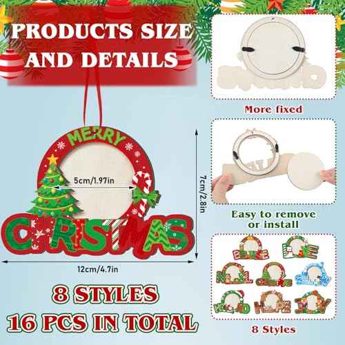 16 Pcs Christmas Photo Frame Ornaments Wooden Santa Claus Snowman Snowflake Picture Frame Tree Decoration DIY Photo Keepsakes for Xmas Party Decorations Winter Holiday Gifts(Wishes)