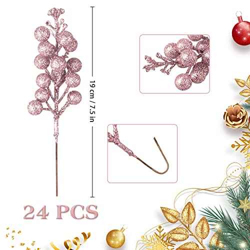 24 Pack Glitter Pink Berry Stems,7.5 Inch Christmas Sparking Red Faux Winter Berry Sprigs,Artificial Red Berries Branches for Christmas Tree Garland Wreath Crafts Season Winter Home Decor