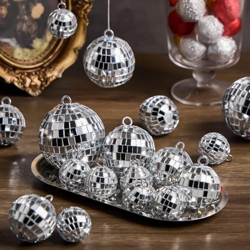 JOERSH 20 Pcs Disco Ball Decorations, Silver Hanging Mirror Disco Ball Ornaments with Rope for 70s Disco Theme Party Wedding Dance Music Prom Props, 4 Sizes