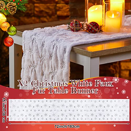 Christmas Faux Fur Table Runner with Sequin Snowflake, 2 Pack, Silver