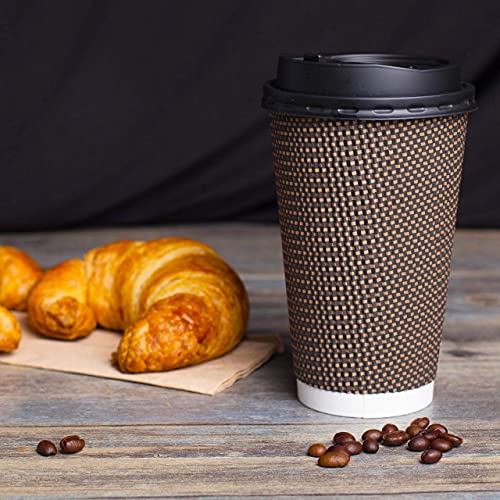Brown Disposable Coffee Cups with Lids 16 oz - Ripple Insulated Paper Cups, 80 Pack