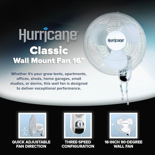 Hurricane Classic Wall Mount Oscillating Fan 16in, 3 Speeds, White
