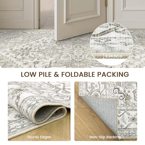 Befbee 9x12 Beige Floral Washable Area Rug - Large Soft Non-Slip Living Room Carpet