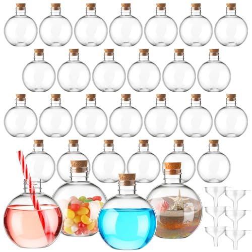 Plastic Potion Bottles with Cork - 30 Pcs 6 Oz Ball Shape DIY Craft Decor - Wood/Cork Variation