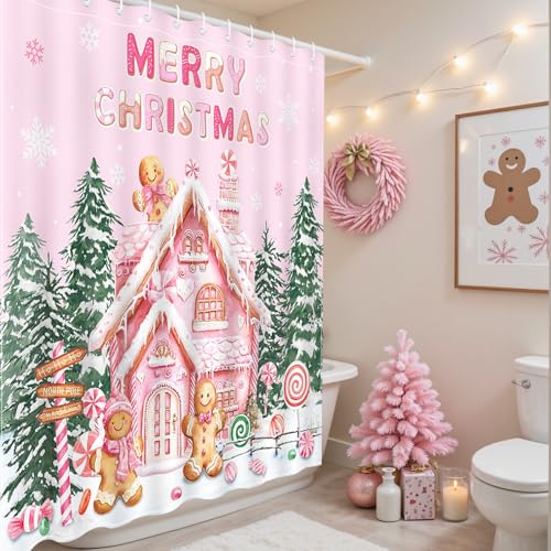 Pink Christmas Gingerbread Shower Curtain 72x72 inch Waterproof Bathroom Decor