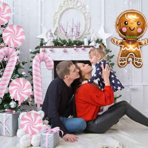 Christmas Balloons Decorations - Gingerbread Balloons Pink Candy Cane Balloon Gingerbread Man Foil Balloons for Winter Themed Christmas Party Decor Supplies
