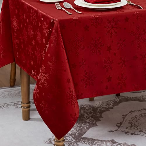 Romanstile Red Christmas Jacquard Rectangular Tablecloth 60x102 Inches with Snowflake Pattern
